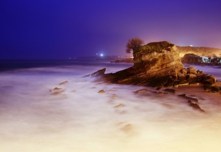 Submersion - water, blue, beach, rock, ocean, tide, sand, white, nature, sky