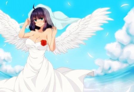 Tenshi Bride - sky, art, girl, wings, white dress, bride, orginal