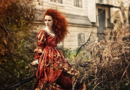 Red Hair - red, castle, hair, woman