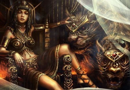 Queen Teefah And The Two-Headed Beast - beauty, fantasy, curtain, tattoo, queen, carnivore, beast, pretty, digital art, jewelry, ancient, cat, girl, monster, throne, bryan sola, cg, teefah, hd, wild, queen teefah