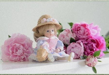 Flowers and cute doll for Snowdrop - little lady, love, adorable, hat, soft, delicate, tenderness, basket, still life, face, doll, baby, pink, petals, flowers, cute