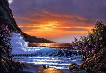 Sunset Shores, Derk Hansen - bloom, bush, sunset, sunset shores, derk hansen, painting, waves, sea