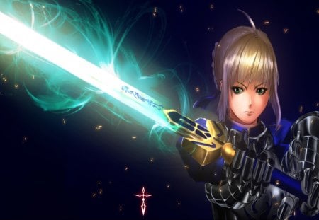 Saber - saber, sexy, hot, fate zero, warrior, light sword, long hair, armor, cross, fate stat night, cool, dark, blonde hair, lipstick, weapon, sword