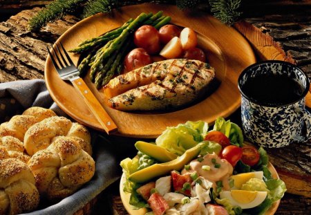 Fish and Salad - fish, food, salad, fruit