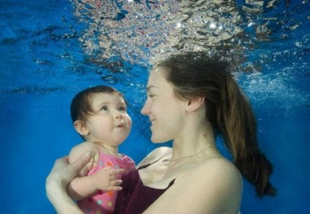 Underwater - smile, swimsuit, underwater, mother, breath hold, baby