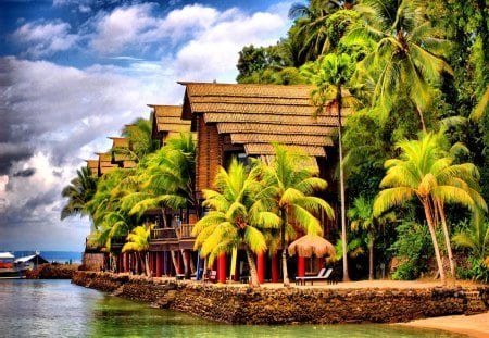 Tropical place for get a rest - cabin, reflection, bar, shore, exotic, palm trees, place, emerald, cottage, sky, clouds, house, palms, water, rest, tropics, nature, tropical