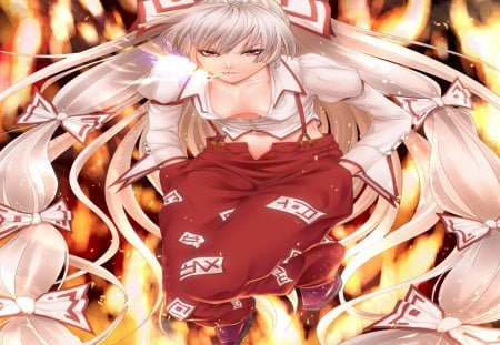 Fujiwara No Mokou - hair ribbon, female, hot, anime girl, fire, fujiwara no mokou, cigarette, touhou, sliver hair, cool, smoking, ribbon, no bra, sexy, boob, mad, long hair, hair bow, bow, pony tails, hands in packets, breasts