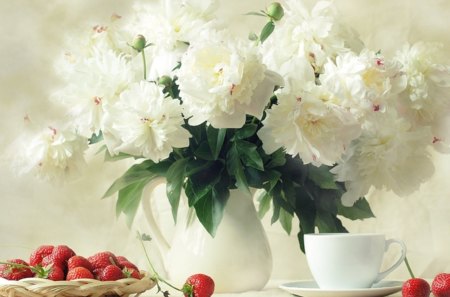 still life - strawberries, flowers, still life, peonies