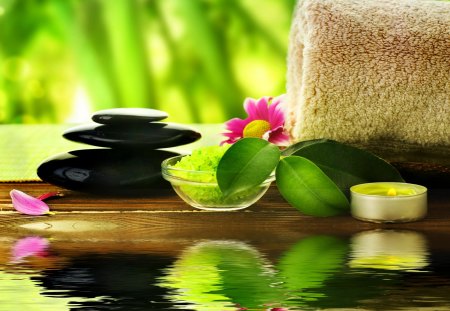 Relax after a long day - pretty, relax, towel, reflection, bamboo, nice, pink flower, water, spa, candle, long day, wet, beauty, lovely, still life, flower, rest, stones, green, pleasant