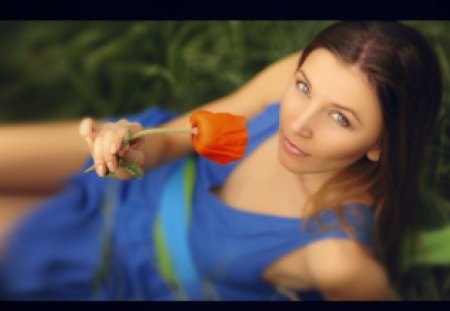 Flower girl - blue dress, girl, eyes, beauty, green eyes, flower, flower girl, lips, stare, face