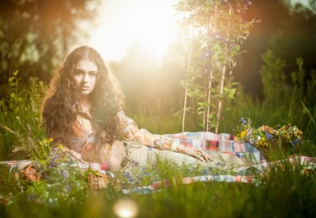 Lovely girl in nature - tenderness, beautiful, sunshine, grass, lovely girl, sweet, hair, flowers, nature, face, sun