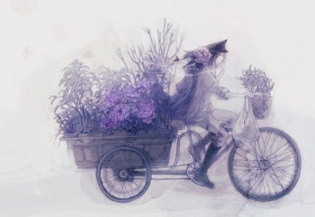 Purple - art, abstract, ride, girl, flowers, bicycle, drawing