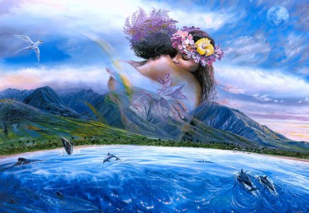 Nature - abstract, girl, sea, ocean, mountain, drawing, nature, art, sky