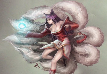 Ahri - tails, plain background, female, hot, magic, anime girl, cool, league of legends, anime, ahri, neko, sexy, fox girl, long hair, purple hair, games, light ball, video games, smile, dress