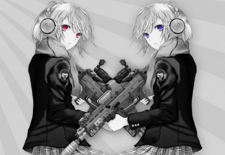 Sisters - cute, headphones, white hair, black and white, anime, girl, weapons, red eyes, blue eyes