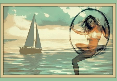 She hangs in the air and the sea - beautiful, girl, sea, ocean, dream, fantasy, painting, woman, bikini, art