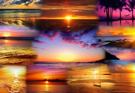 Beach Sunsets - beach, sky, ocean, travel, collage, water, sunset, bright, romantic, island, sea