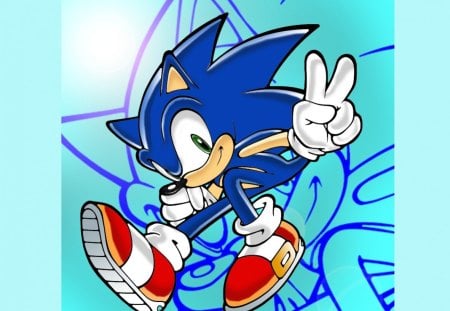 Sonic - peace sign, neat, artwork, blue, sonic, video games