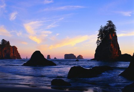 Sea Stacks at Sunrise - sea, sunrise, stacks, nature