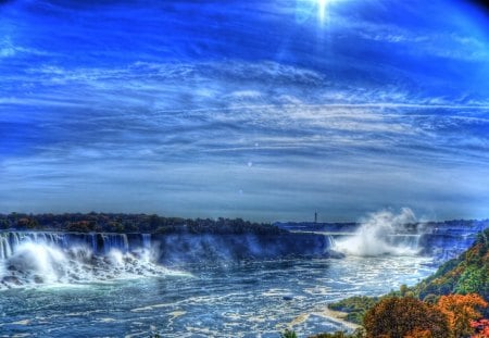 blue skys - abstract, blue, river, waterfall, waves