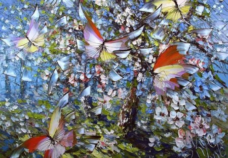 BUTTERFLIES IN THE GARDEN - flowers, insects, trees, painting, butterflies, orchard, art