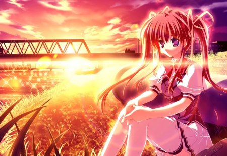 Relaxing By The Sunset - anime, relaxing, anime girl, sunset