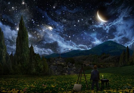 legendary painter - night, painter, sky, grass