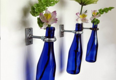 BRIGHT AND BLUE - glass, photography, bottles, flowers, plants, still life, decor