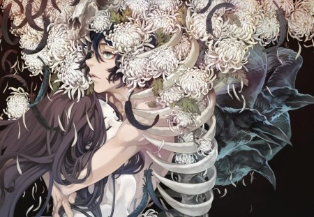 Anime - skull, white, bones, feathers, anime, flowers