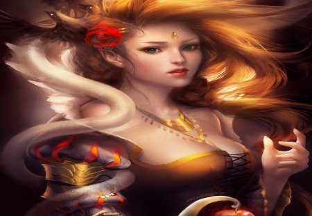 Snow White - bird, hot, blonde hair, snow white and the huntsman, cool, sakimichan, fantasy, necklace, rose, snow white, jewelry, apple, sexy, lipstick