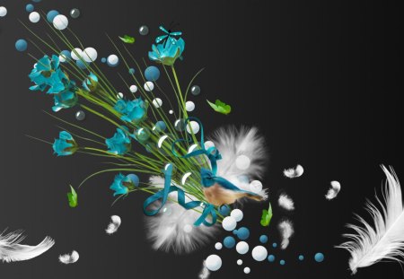 Aqua Floral Bouquet - abstract, cyan, bird, butterflies, beads, dark, flowers, aqua, turquoise, feathers, dragonfly