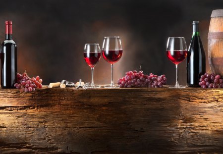 Red Wine - pretty, wood, wine, red, fruits, red wine, bottle, bottle of wine, beautiful, photography, beauty, lovely, grapes, wooden, nature, glasses, glass