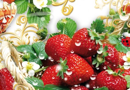 Strawberry Fever - blossoms, strawberry, summer, ladybug, food, sweet, basket, berries, colorful, dew, bright, fruit, healthy