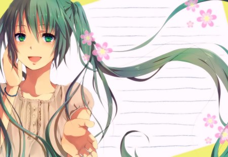 Hatsune Miku - music, anime girl, white, art, amazing, cool, petals, aqua eyes, artistic, hatsune miku, song, stunning, vocaloids, program, sakura, vocaloid, beautiful, pink, uniform, diva, nice, beauty, twintail, singer, aqua hair, black, virtual, pretty, idol, anime, miku, cute, twin tail, girl, cg, hatsune, blue, flowers, digital, awesome, outfit