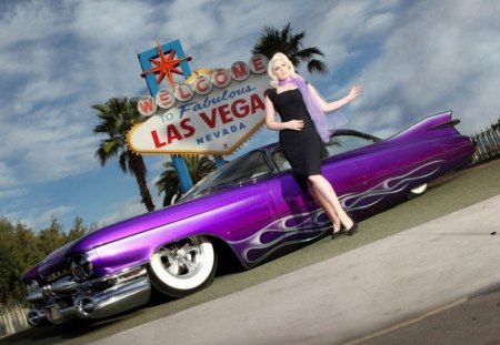 Vegas or Bust - hotrod, rider, legs, eyes, blonde, cadillac, rod, retro, old, blond, flames, face, custom, heels, vegas, beautiful, hot, girl, hair, las, lips, babe, lady, low, woman, vintage, classic, sexy, antique