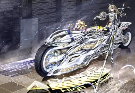 Anime - armor, motorcycle, anime, white, sword, lightning