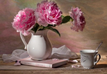 Still Life - pretty, romantic, book, romance, pink, flowers, peony, pink flowers, vase, beautiful, photography, pink petals, beauty, lovely, still life, petals, peonies, nature, cup