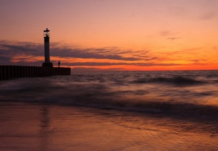 The Lighthouse - amazing, beach, splendor, reflection, sand, view, ocean waves, sky, clouds, lighthouse, beautiful, sea, beauty, lovely, architecture, ocean, nature, sunset, waves, peaceful