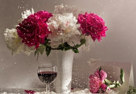 Still Life - glass, glasses, rain, beautiful, vase, peonies, photography, nature, pretty, beauty, drop, flowers, window, still life, romance, raindrops, drops, petals, wine, lovely, colors, romantic, peony