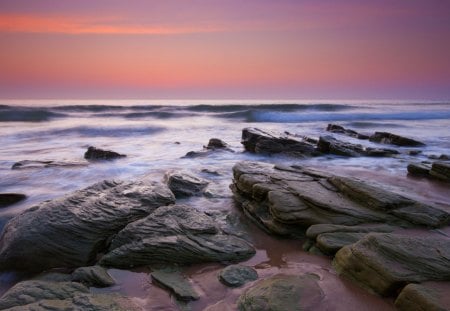 Ocean Waves - rocks, beauty, beautiful, ocean, peaceful, sky, clouds, view, lovely, splendor, ocean waves, sunset, sea, nature, sunrise, waves