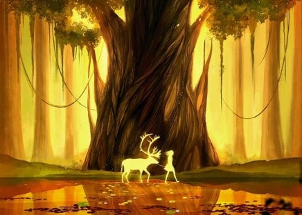 Golden forest - splendor, forest, light, imagination, leaves, animal, lake, trees, water, beautiful, girl, gold, colors, maid, wonderful, deer, frest, tender, leaf, peaceful