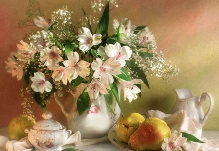 Lilies and Pears - lilies, flowers, still life, pears