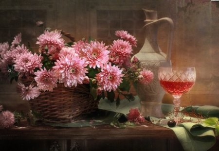 Asters & Wine - flowers, wine, still life, asters