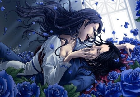 Anime - pretty, anime, blue rose, girl, lovely, love, petals, man, flowers, rose, cute, couple, art