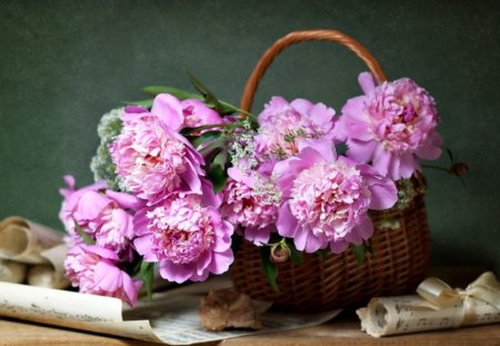 Still Life - pretty, romantic, romance, pink, flowers, music, peony, musical notes, pink flowers, beautiful, photography, pink petals, beauty, lovely, still life, sweet, petals, peonies, basket, nature