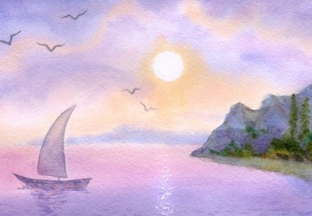 Watercolor Sail - ocean, trees, sunset, sail boat, painting, clouds, pink, island, pastel, sea, sunrise, birds, lavender