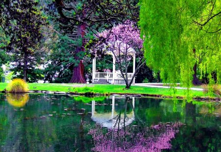 Gazebo in park - trees, mirrored, gazebo, reflection, watewr, river, green, garden, pond, branches, lake, park, summer, nature, wilow, forest, beautiful, leaves, flowers