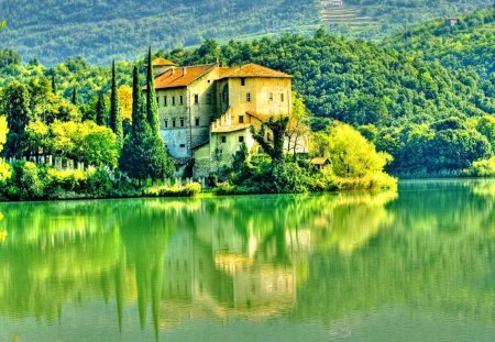 House on lakeshore - cottage, lakeshore, lake, mountain, peaceful, countryside, water, summer, shore, mirrored, nature, reflection, beautiful, river, green, house