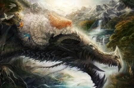 Princess & Rider Dragon - orange hair, pretty, beauty, rider, deer, dress, curly, fantasy, princess and rider dragon, dragon, water fall, princess, nature, birds