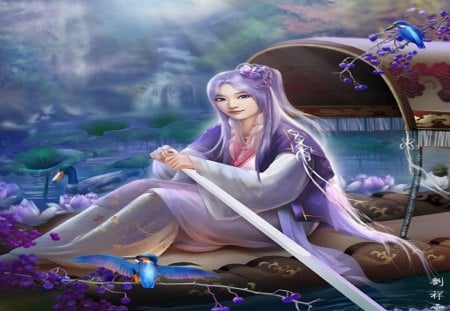 Beauty Day - beauty, duck, beauty day, hot, water, fantasy, cloud, cool, petals, boat, sexy, lake, chinese girl, blue eyes, long hair, purple hair, bird, text, nature, beautiful, fog, smile, flower hair, sunrise, flower